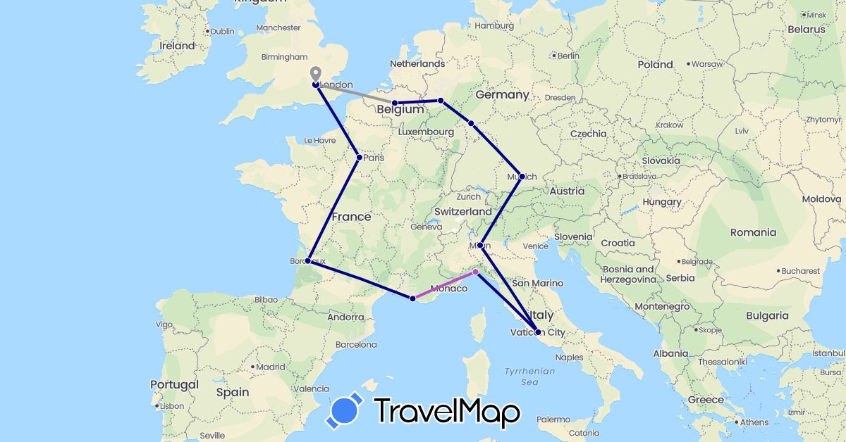 TravelMap itinerary: driving, plane, train in Belgium, Germany, France, United Kingdom, Italy (Europe)